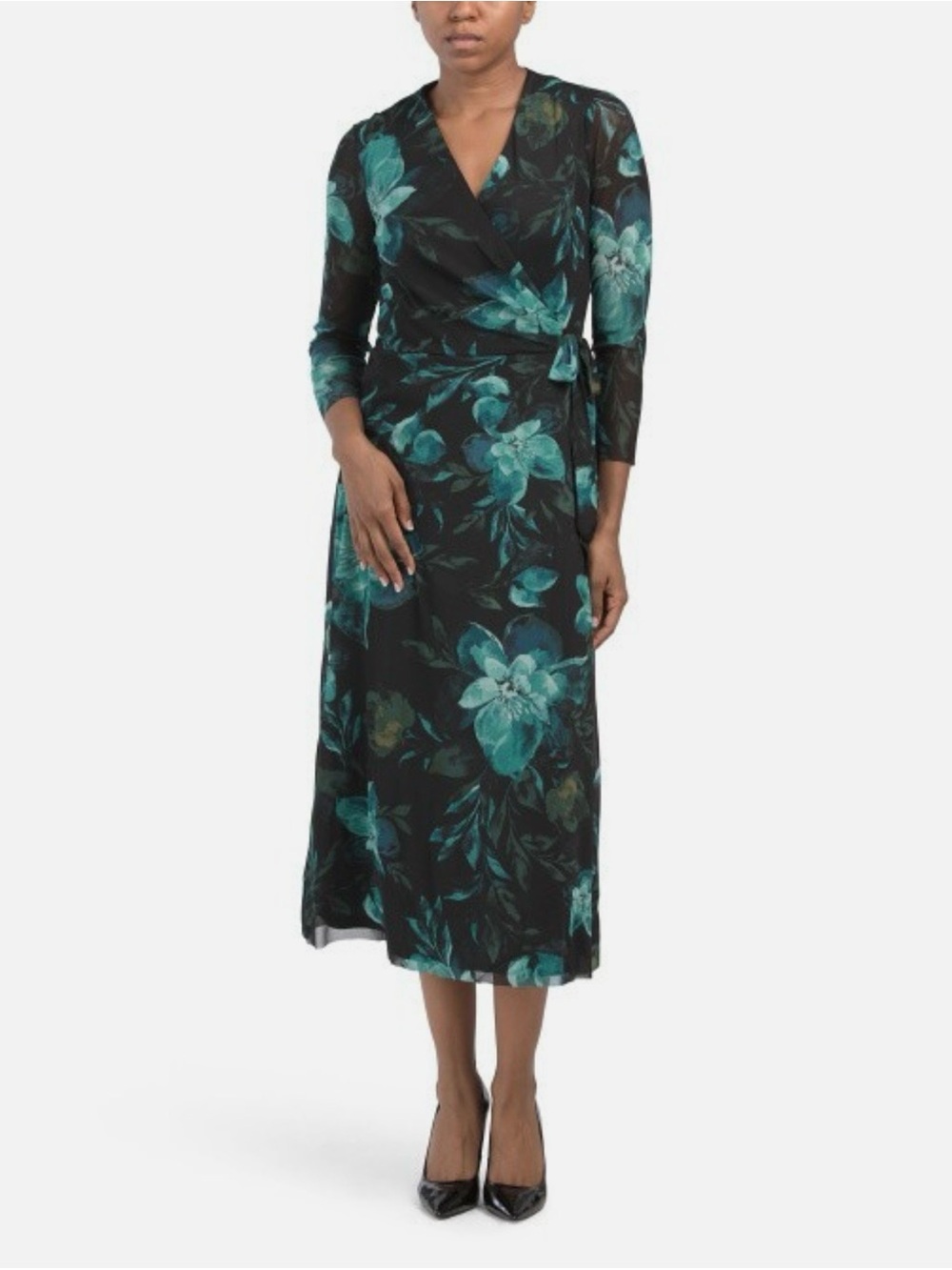 Floral Midi Dress With Sheer Sleeves